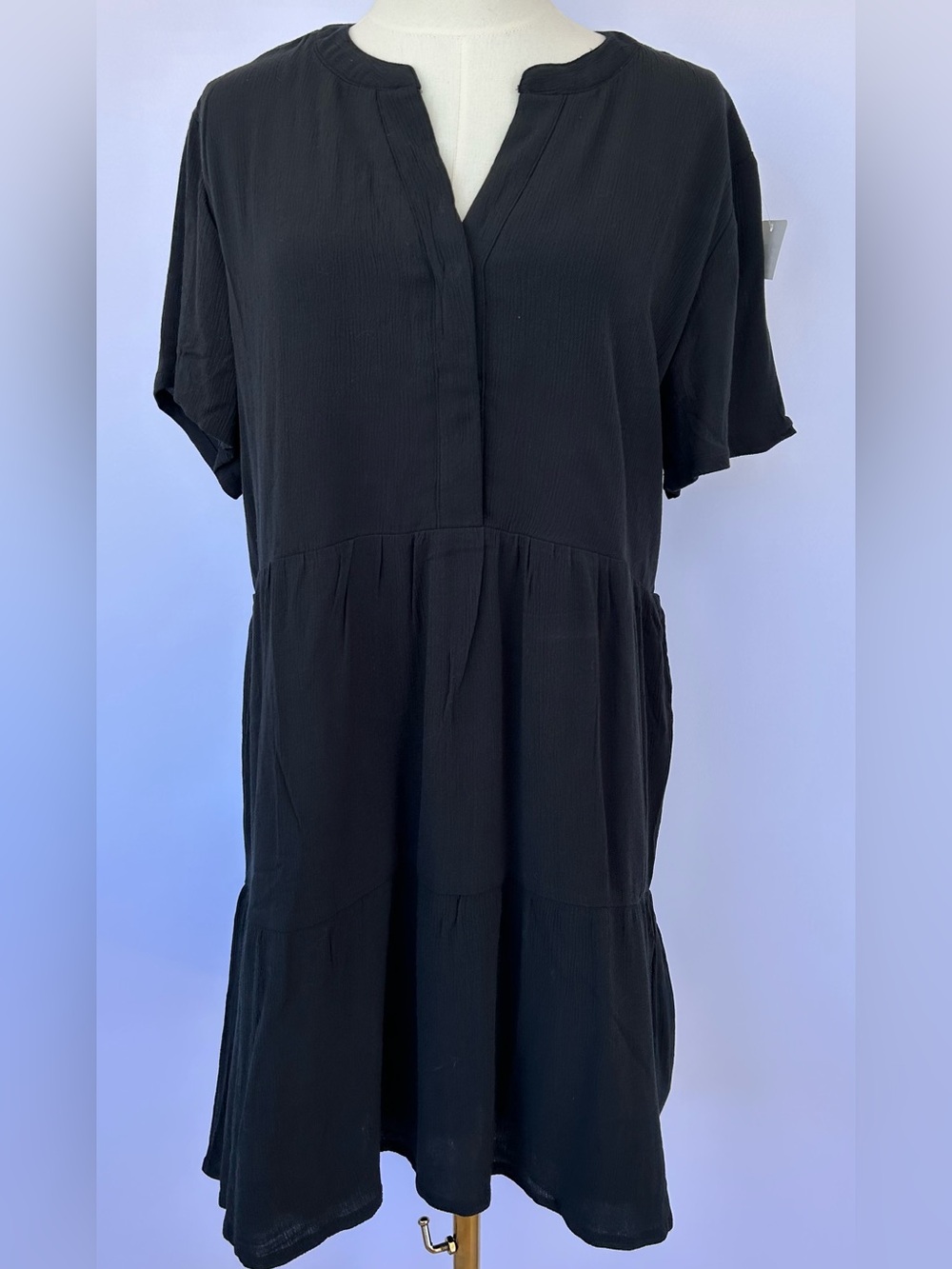 Hurley Women’s Tiered Crinkle Dress Black Short Sleeve Split Collar Size Large